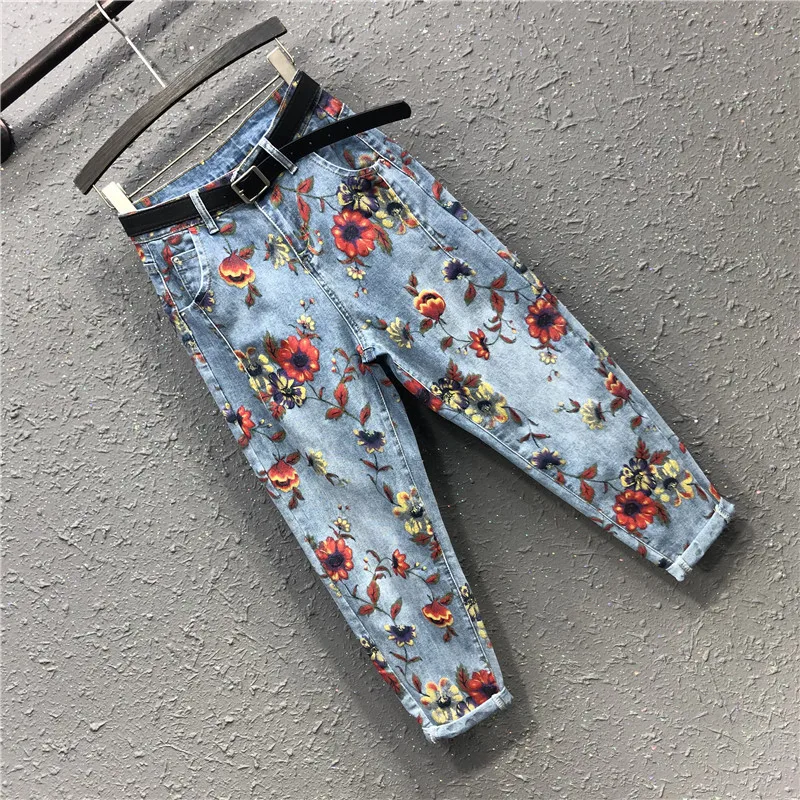 Flower jeans high waist fashion woman denim harem pants flower print loose cropped trousers women's | Женская одежда