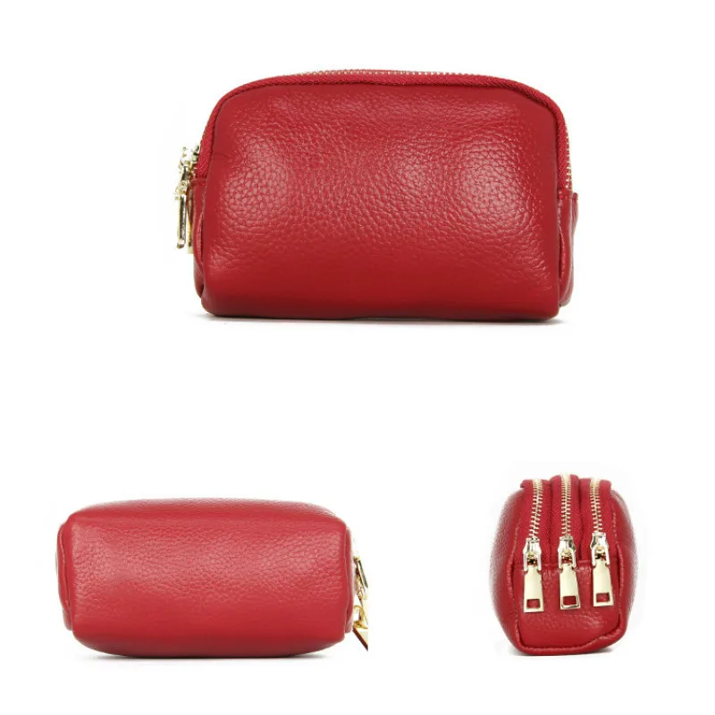 

New First Layer Cowhide Simple Fashion Mini Coin Purse Three Zipper Leather Clutch Key Case Wallets for Women