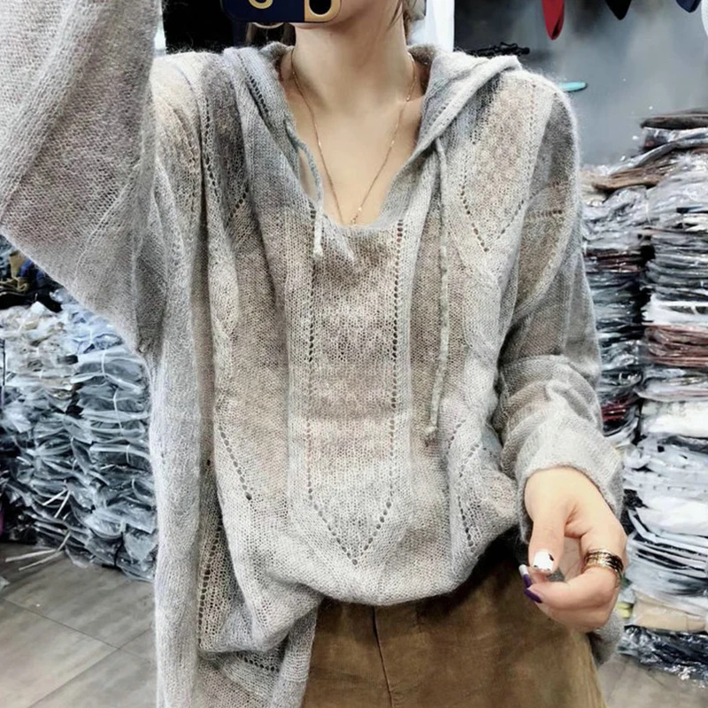 

Women Autumn Spring Thin Hooded Sweater Tops Long Sleeve Casual Fashion Vintage Blouse V Neck Office Lady Korean Hoodies T-shirt