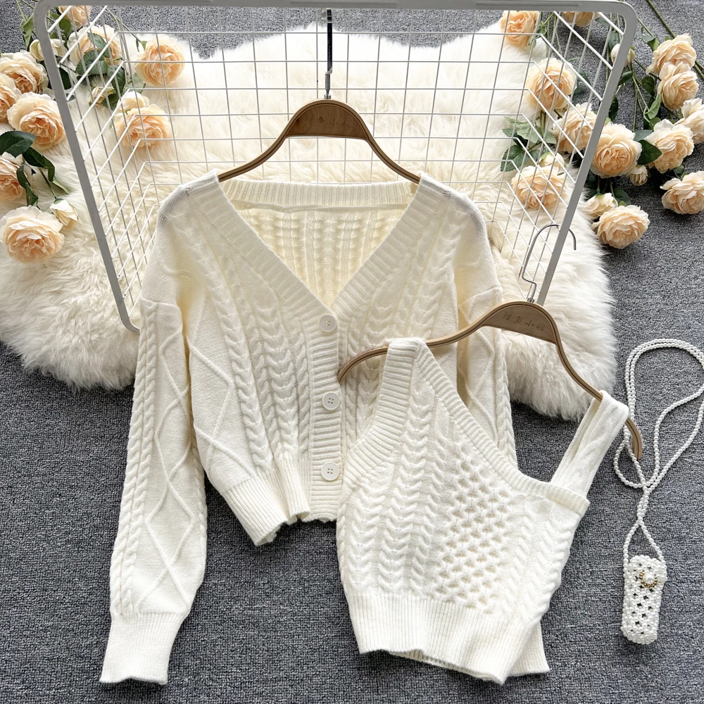 

VANOVICH Korean Japan Style Casual Twist Short Sweater+camisole Set New Autumn 2021 Cropped Cardigan