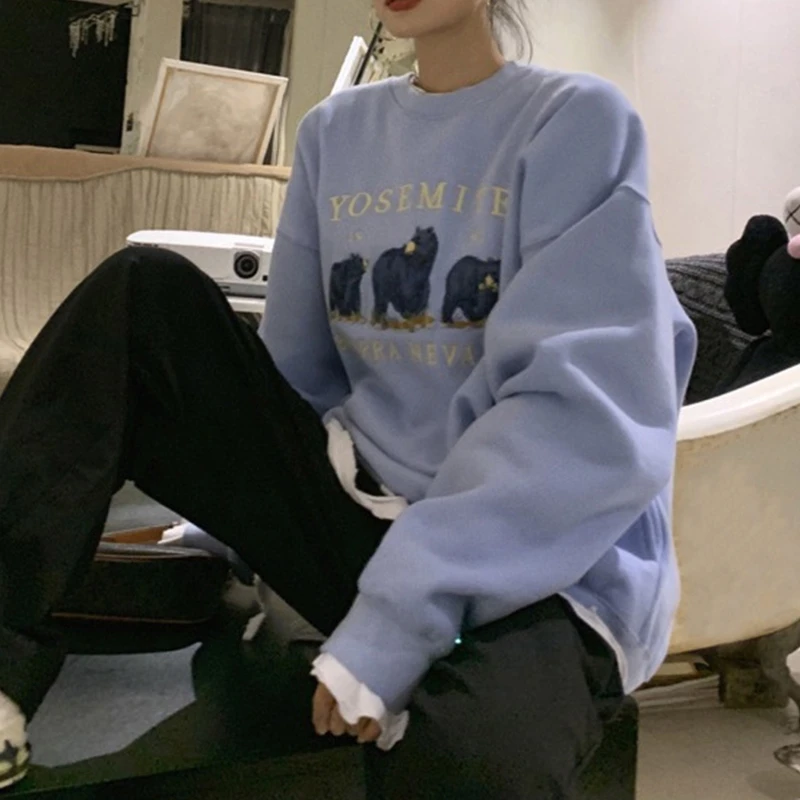 

Women Long Sleeve Sweatshirt O-Neck 3 Bear Embroidery Oversized Pullover Tops