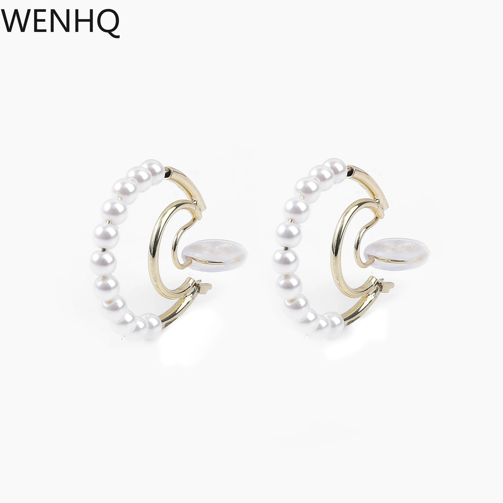 

WENHQ Fashion Gold Color Double C Shape Cute Simulated Pearl Clip on Hoop Earrings No Pierced Ear Cuff Korean Earring for Women