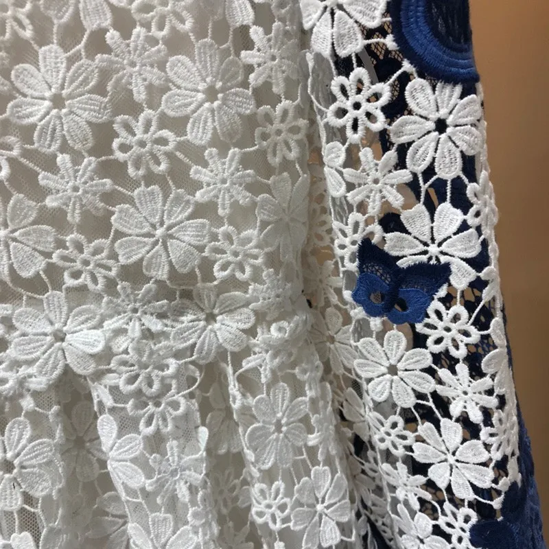 

2021 Top Quality Womens Runway Fashion Imported White Blue Floral Placing Embroidery Hollow Out Lace Dresses