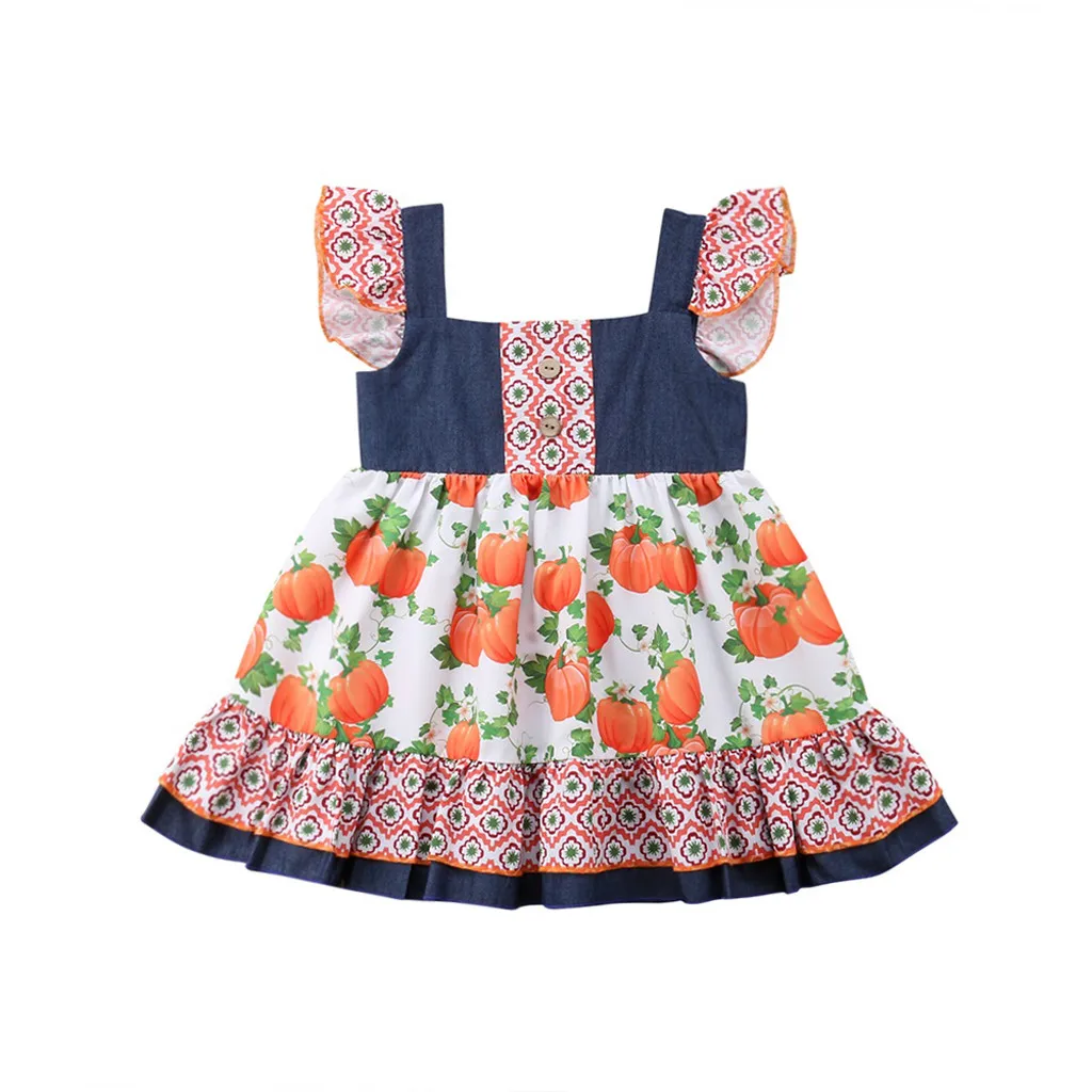 Детские платья для маленьких девочек Платье с рюшами и принтом тыквы на Хэллоуин