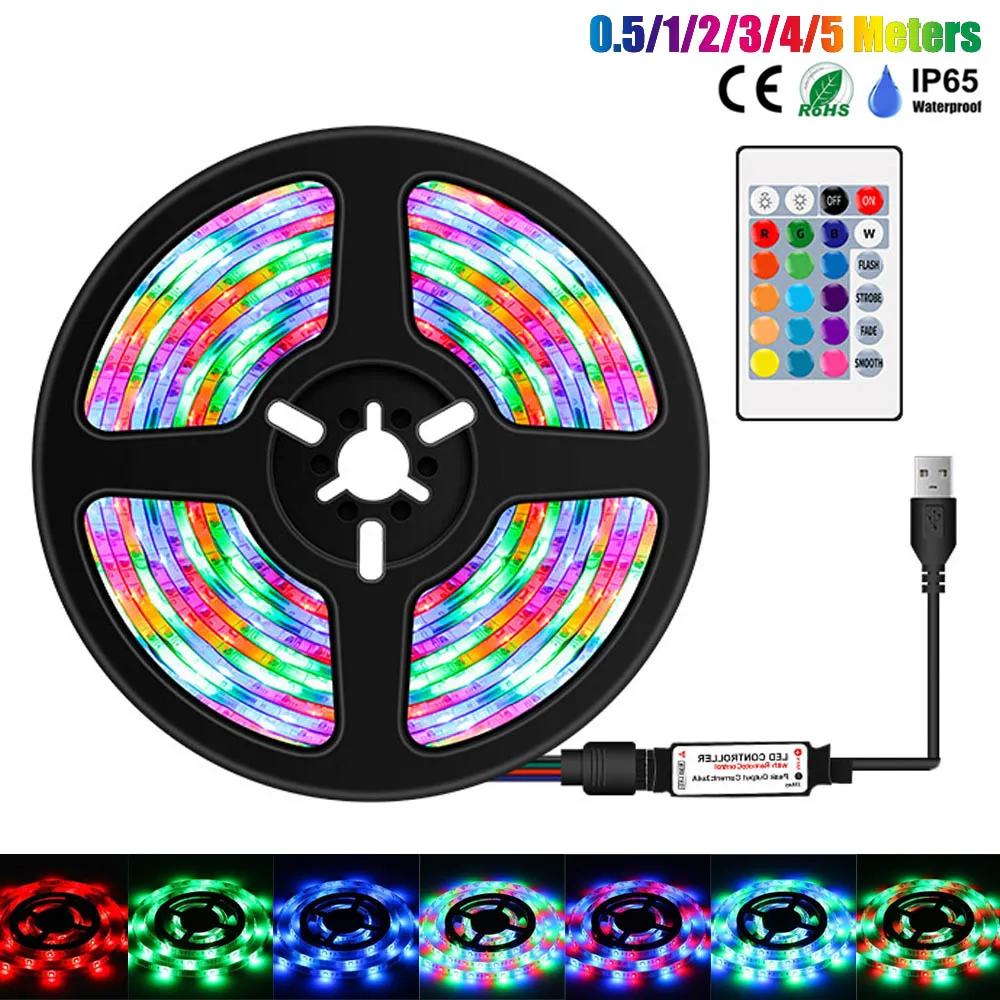 

5V RGB Waterproof LED Light Strip USB 0.5-5 Meters 2835 SMD Multi-Color Changing Tape Light Strips with IR Remote Controller