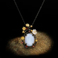 elegant retro fresh flower white jade pendant necklace flower creative pendant necklace ladies 925 silver jewelry sweater chain