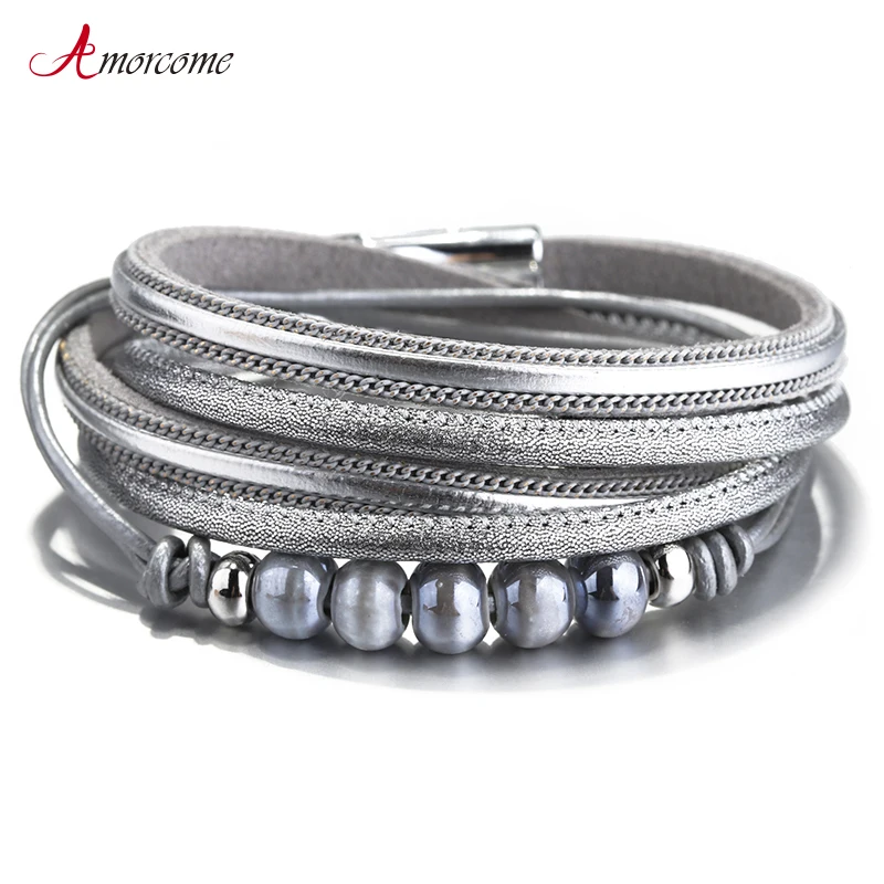 

Amorcome Ceramic Beads Leather Bracelets For Women Fashion Bracelets & Bangles Boho Multilayer Wrap Bracelet Female Jewelry