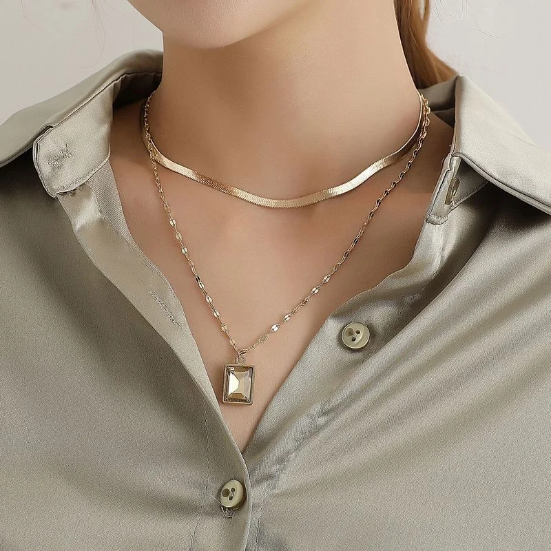 

Vintage Punk Multilayer Crystal Choker Square Pendant Chain Necklace for Women Hip Hop Gold Silver Color Collar Fashion Jewelry