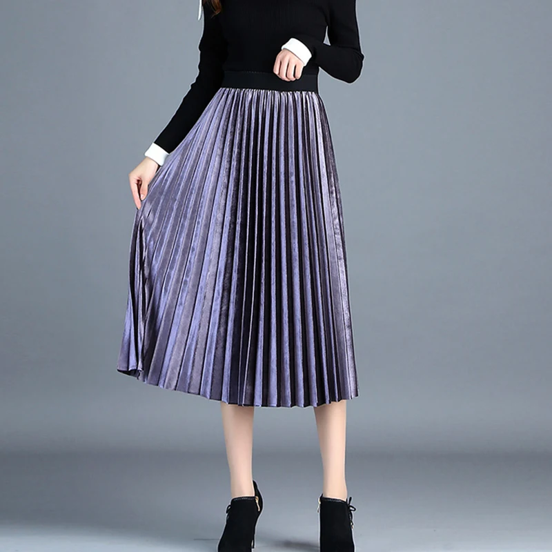 Плиссированные юбки женские 2019 осенние 10 цветов элегантные эластичные высокая