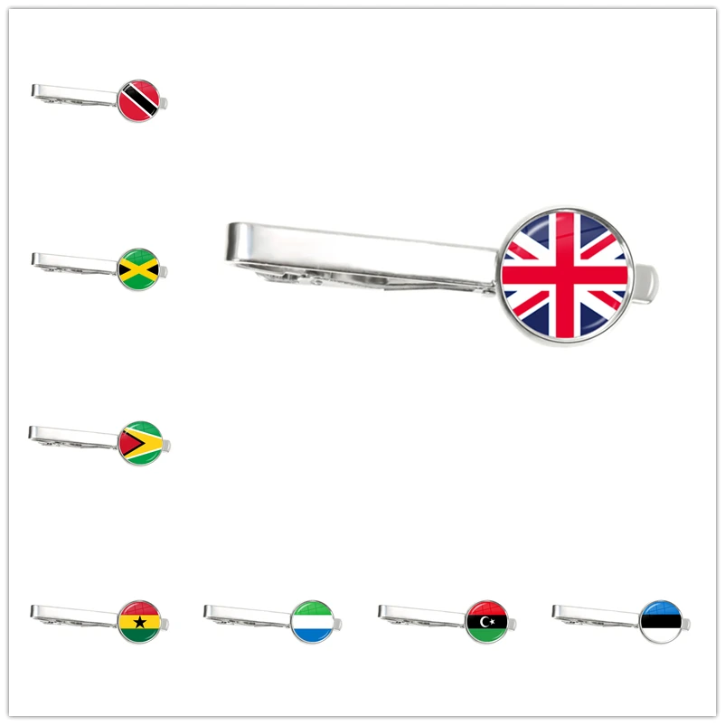 

National Flag 16mm Tie Clip Trinidad,Sierra leone,Jamaica,Guyana,Ghana,UK,Libya,Estonia,India Glass Jewelry for Male Gentleman