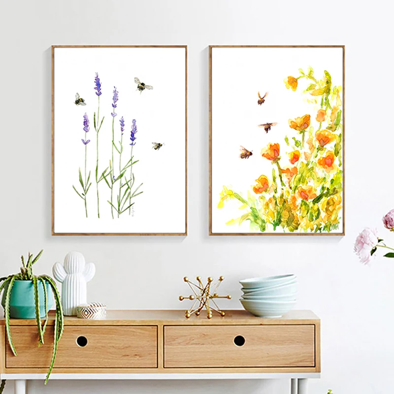 

Акварель лаванда и Шмель пчела художественная живопись принты оранжевые цветы растения Холст Плакаты настенные картины гостиная домашний ...