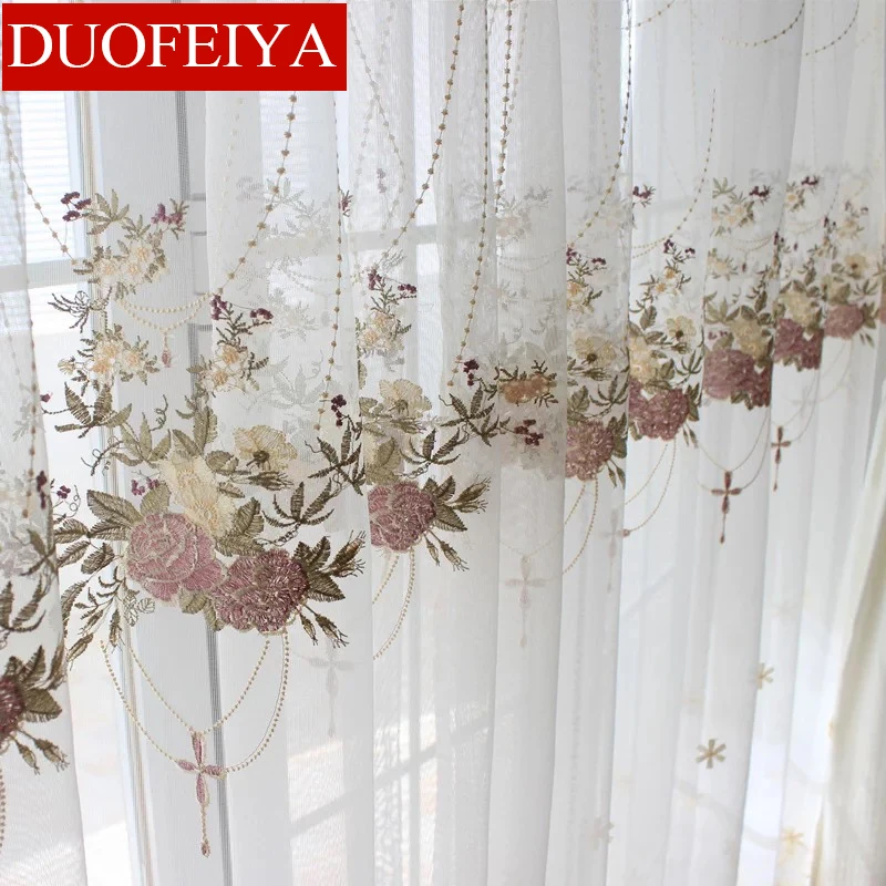 

Luxury Lace Blue Embroidered Curtains Sheer For Living Room Pink-purple Romantic Princess Window Screen Kitchen Tulle Drapes