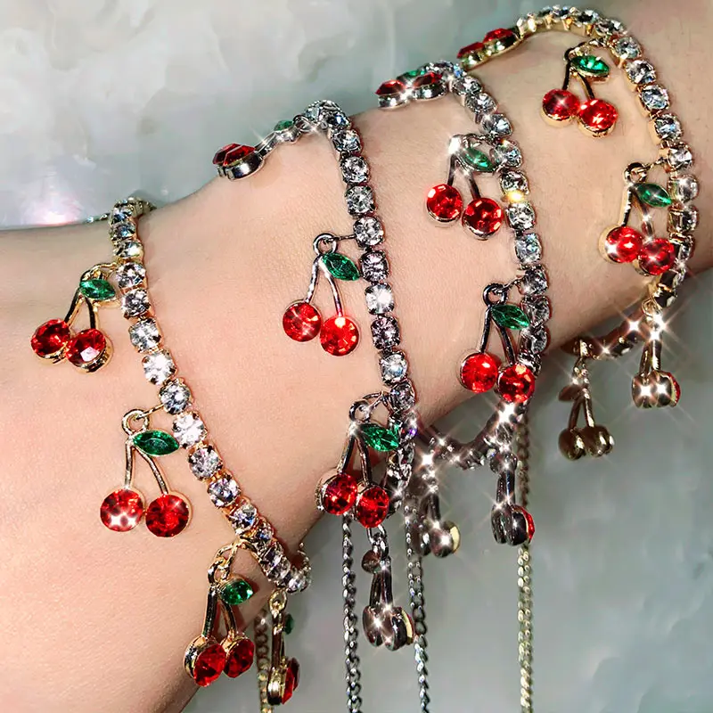 

Flatfoosie New Shiny Cherry Crystal Bracelets For Women Gold Silver Color Bling Rhinestone Bracelet Fashion Party Jewelry Gifts