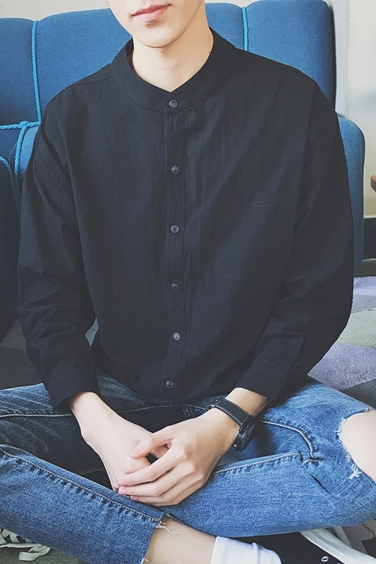 

Shirt Long Sleeve Men's Black Spring and Summer Thin Stand Collar Shirt Casual Men's Trendy Coat