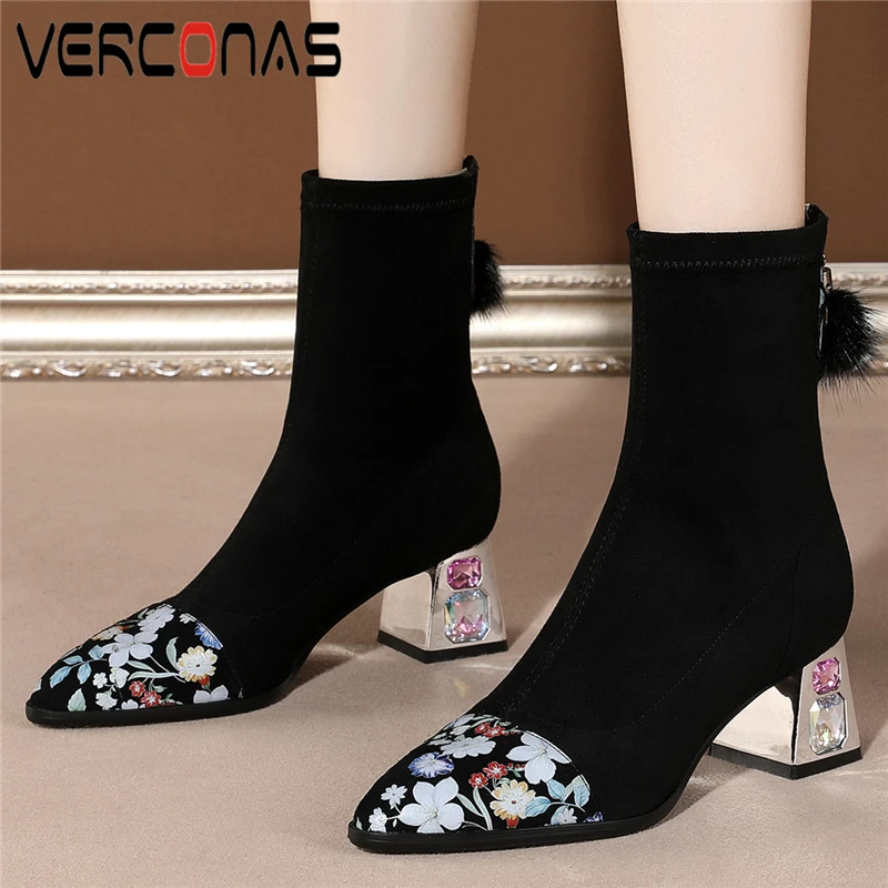 

VERCONAS Print Genuine Leather Stretch Boots Women Ankle Boots Autumn Winter High Heels Party Zip Shoes Woman Mature Concise New