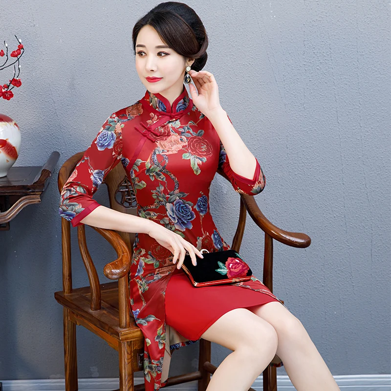 Модное китайское Стильное Платье До Колена Cheongsam, Новое поступление, женское шифоновое платье, элегантное платье Qipao Vestido, Размеры S M L XL XXL XXXL 189685