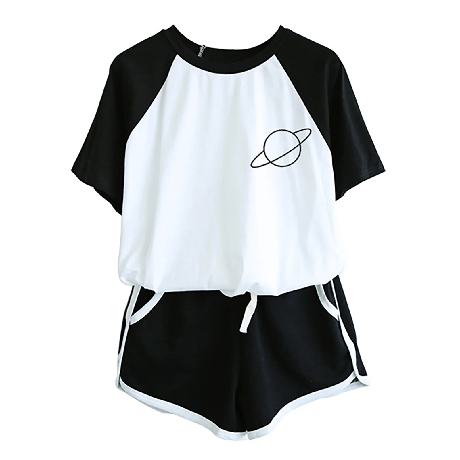 

ISHOWTIENDA Women Two Piece Drop Sleeves Set Short Sleeve O-neck Paneled T Shirt Shorts Joggers Women Set Women Set
