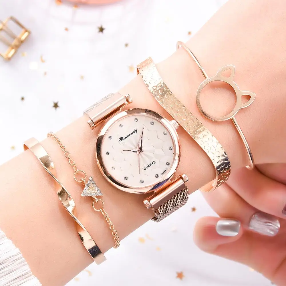 

Simplicity Modern Quartz Watch Women Mesh Stainless Steel 5pcs Bracelet High Quality Casual Wrist For Woman Montre Femme Set