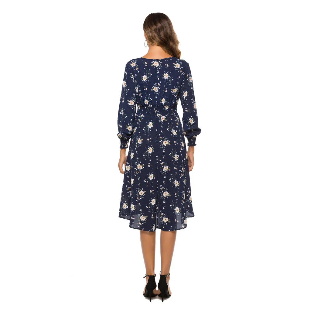 

NAKKESHMEN-In Spring and Summer of 2021, The New Chiffon Printed V-neck Waist Long-sleeved Dress Has A Big Swallowtail Skirt