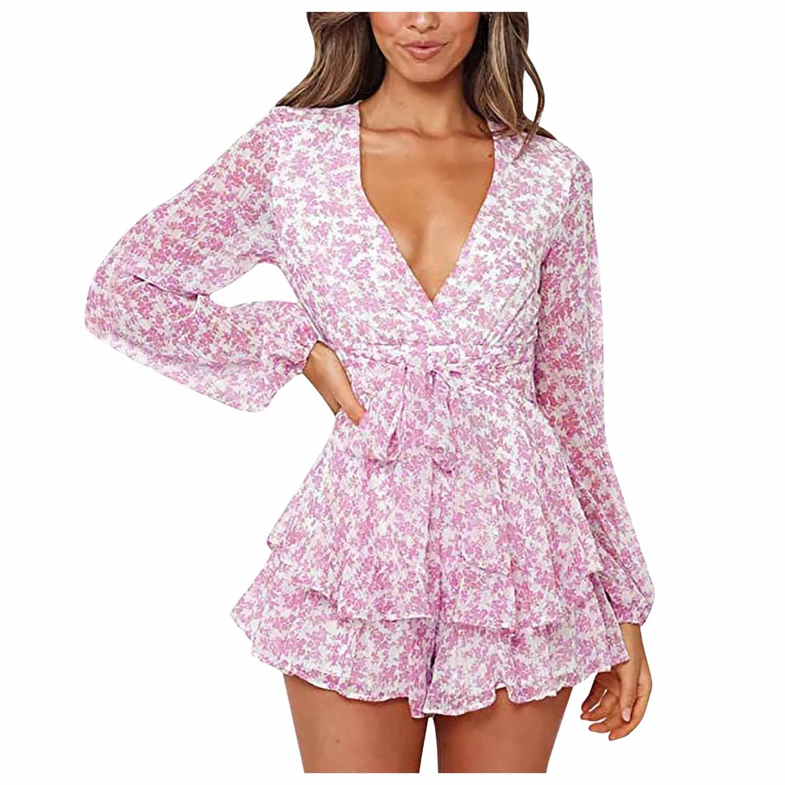 

Women's Fashion Dresses Summer Casual Print Flower Ruffles V-neck Long Sleeve Mini Dress Ladies Sexy Full Loose Party Dress 2021