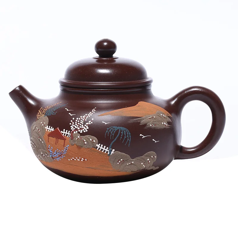 

Yixing purple clay teapot famous artisan's hand-made original mine purple vermilion clay painting landscape Rongtian teapot gift