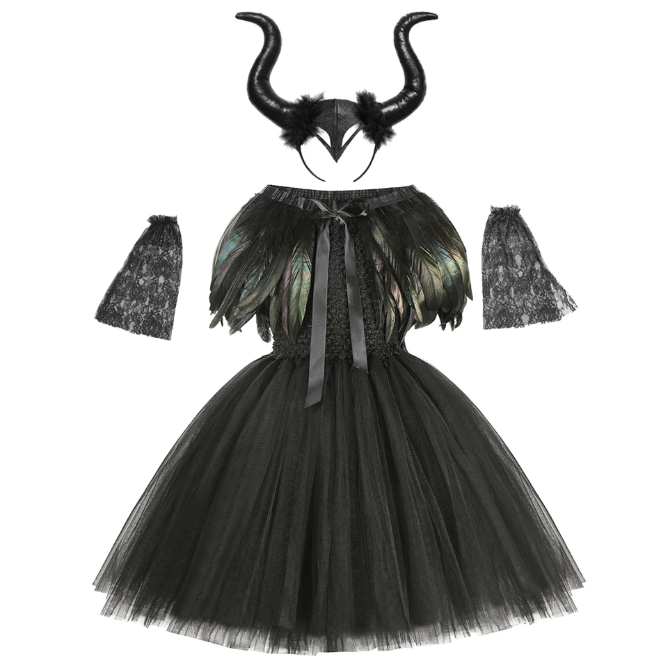 

Evil Witch Queen Girls Tutu Dress with Horns Feather Halloween Witch Costume for Girls Kids Party Dress Clothing JYF
