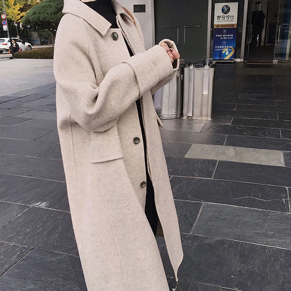 Women Work Solid Vintage Winter Office Long Sleeve Button Woolen Jacket Coat