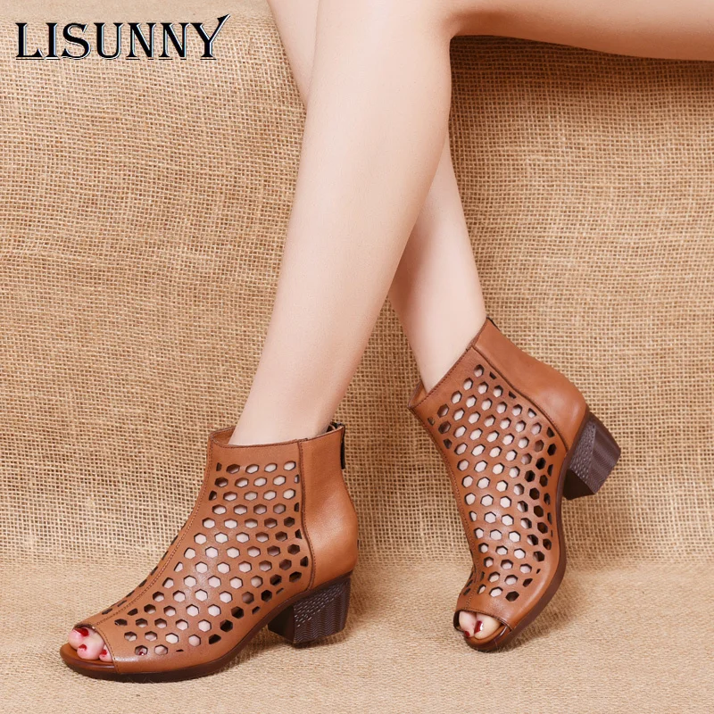 

LISUNNY 2021 Fish Mouth Women Summer Boots Back Zipper Genuine Leather Botas Mujer Brand Design Female Shoes Ankle Booties