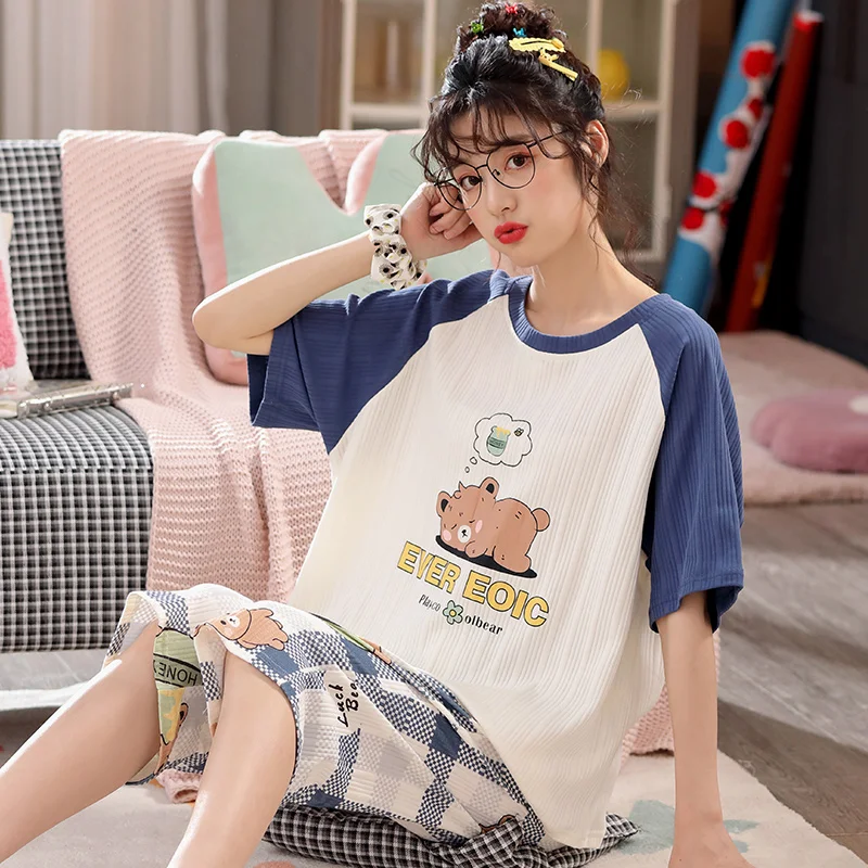 

Women Pajamas Set Summer Short Sleeve Sleepwear Night suit Pijama Mujer M-5XL Home Clothing Cotton Nightwear