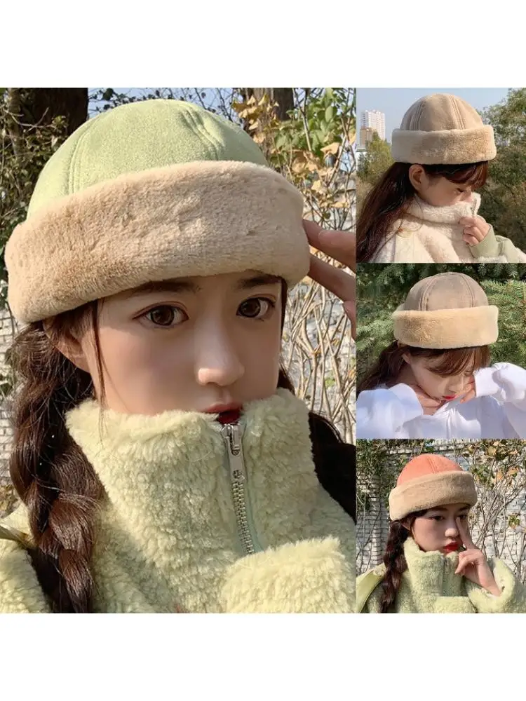 

Winter Warm Suede Velvet Beanie Hat Solid Color Plush Cuffed Brimless Skull Cap