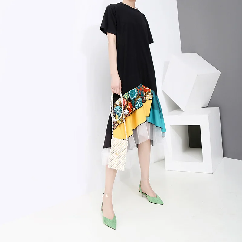 

Черное Сетчатое платье в стиле пэчворк, женское платье с цветочной вышивкой, женское платье до середины икры с коротким рукавом, 2021, Z646