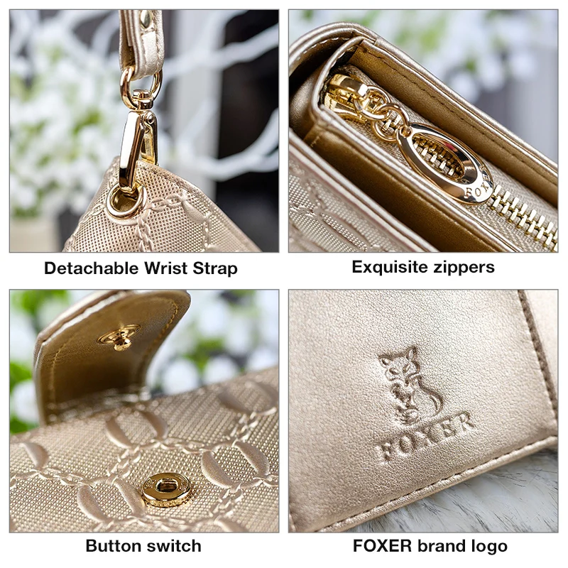 FOXER Brand Women's Split Leather Long Wallet Lady Large Capacity Phone Clutch Money Bag With Wristlet Female Purses Card Holder