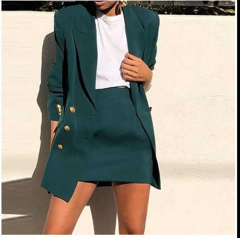 Женский однотонный костюм с юбкой простой приталенный лацканами из двух
