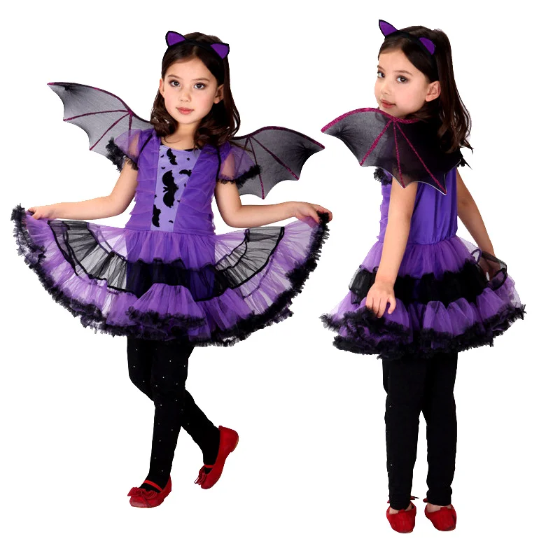 

Halloween Fancy Masquerade Party Purple Bat Girl Costume Children Cosplay Dance Dress Costumes For Kids Dress