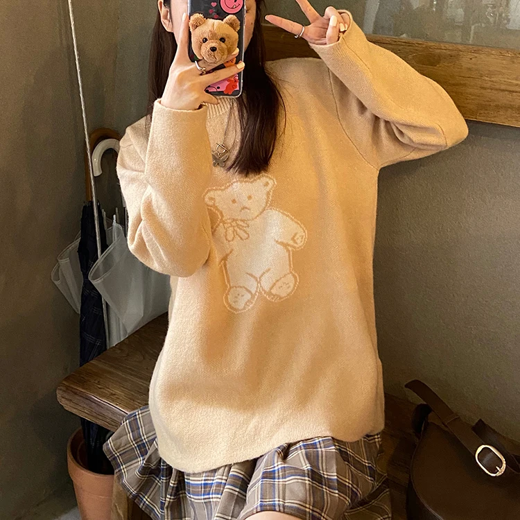 

2 colors 2020 autumn and winter korean style cartoon bear soft warm knitted sweater women sweaters and pullovrs (F1469 )