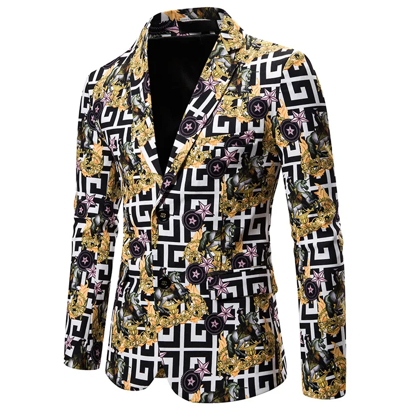 

Loldeal Men's Luxury Golden Floral Blazer Suit Jacket Creative Print