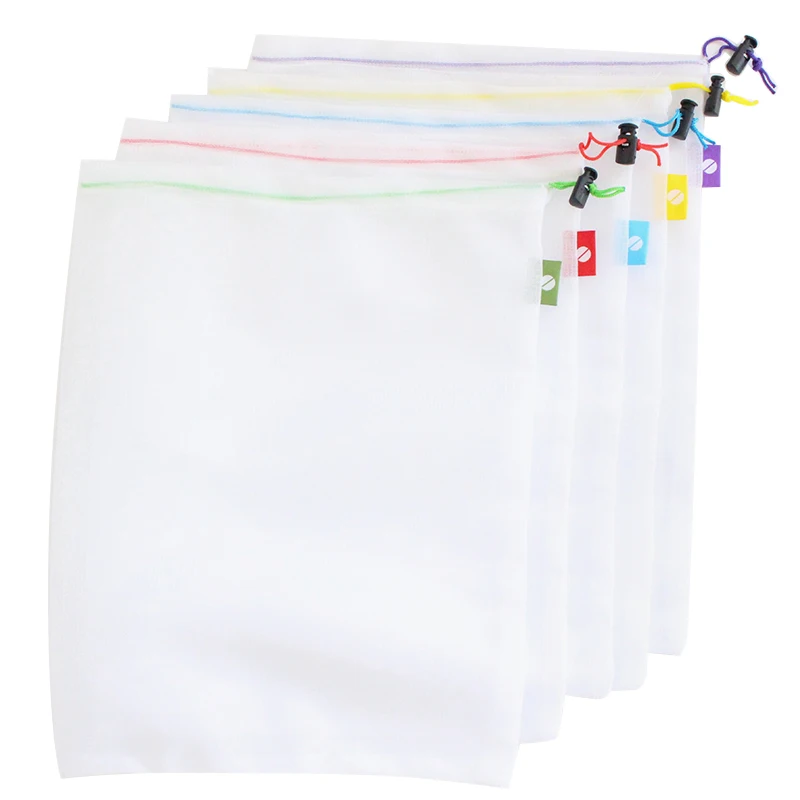 

5 PCS Supermarket Mesh Cloth Bundle Pocket Reusable Cotton Kitchen Green Fruit Vegetable Mesh Storage Bag Polyester Stitching