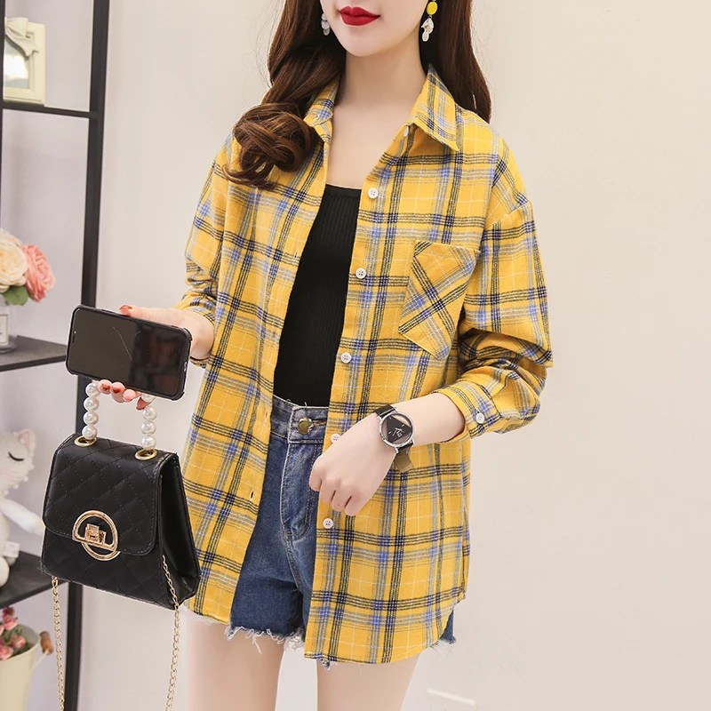 

Fashion Plaid Shirt Women 2021 Spring/Autumn New Korean Loose Long Sleeve Brushed Top Retro Loose Simple Blouses for Girls