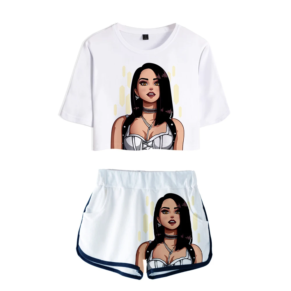 

Becky G 3D Printed Women Two Piece Set Fashion Summer Short Sleeve Crop Top+Shorts Hot Sale Streetwear Clothes