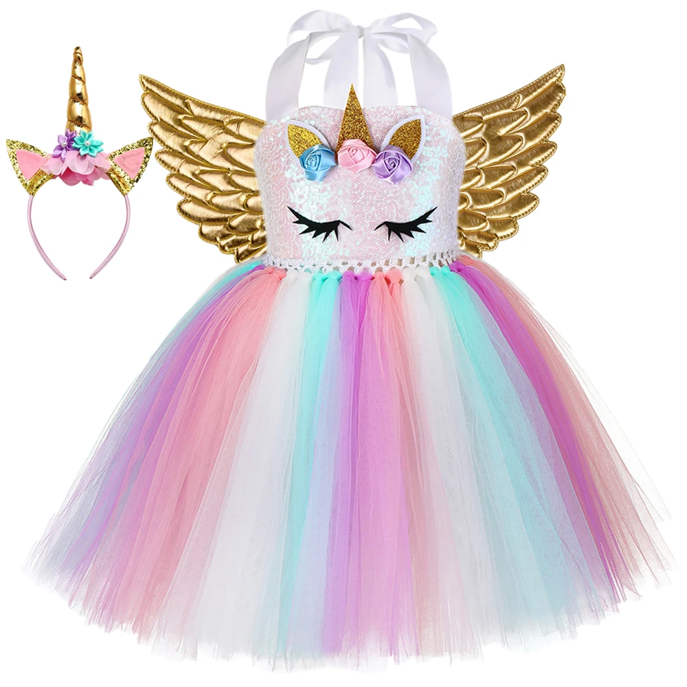 Pastel Sequins Girls Unicorn Tutu Dress Child Birthday Party Pony Costume Outfit Kids Christmas Halloween Carnival | Детская одежда и