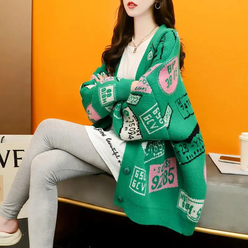 

Женский свободный кардиган DAYIFUN, Свободный кардиган с буквенным принтом и v-образным вырезом, повседневный модный джемпер в Корейском стиле,...