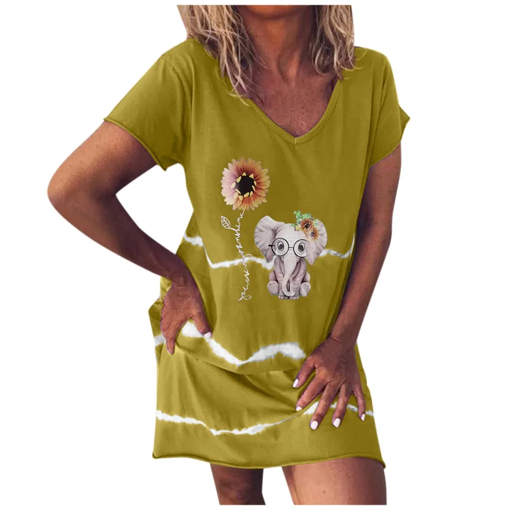 С принтом в виде подсолнухов Женская модельная Повседневная V образным вырезом с