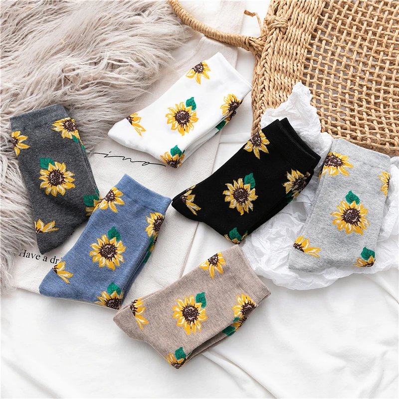 Sunflower Korea Style Socks Women Cotton Candy Color Casual Fashion Long Sock Floral Harajuku Female 2020 New Sock Cute Creative