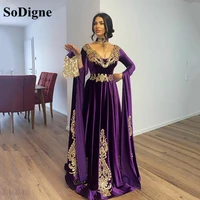 sodigne purple caftan evening dresses long sleeves prom dress evening lace appliques french women formal party dress