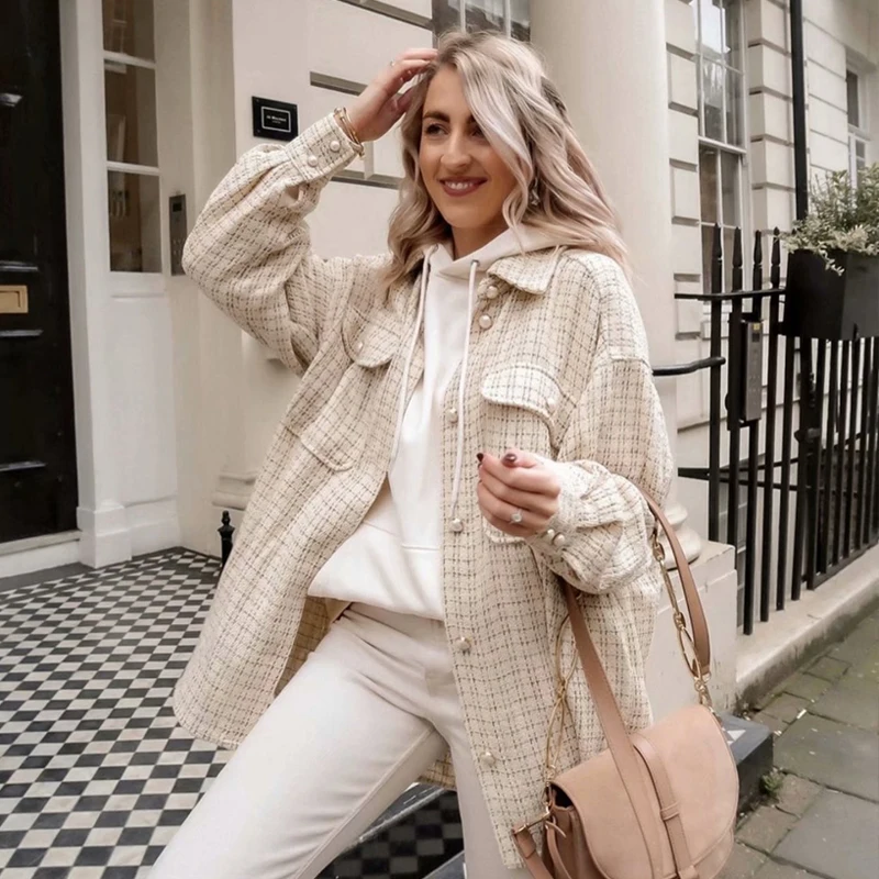 

Элегантная офисная Дамская твидовая Женская куртка, верхняя одежда, свободная клетчатая рубашка с жемчужинами, винтажная Женская Осенняя к...
