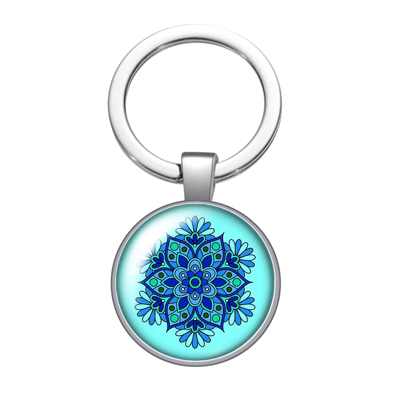 Water blue style flower patterns glass cabochon keychain Bag Car key chain Ring Holder silver color keychains for Women Gifts | Украшения и