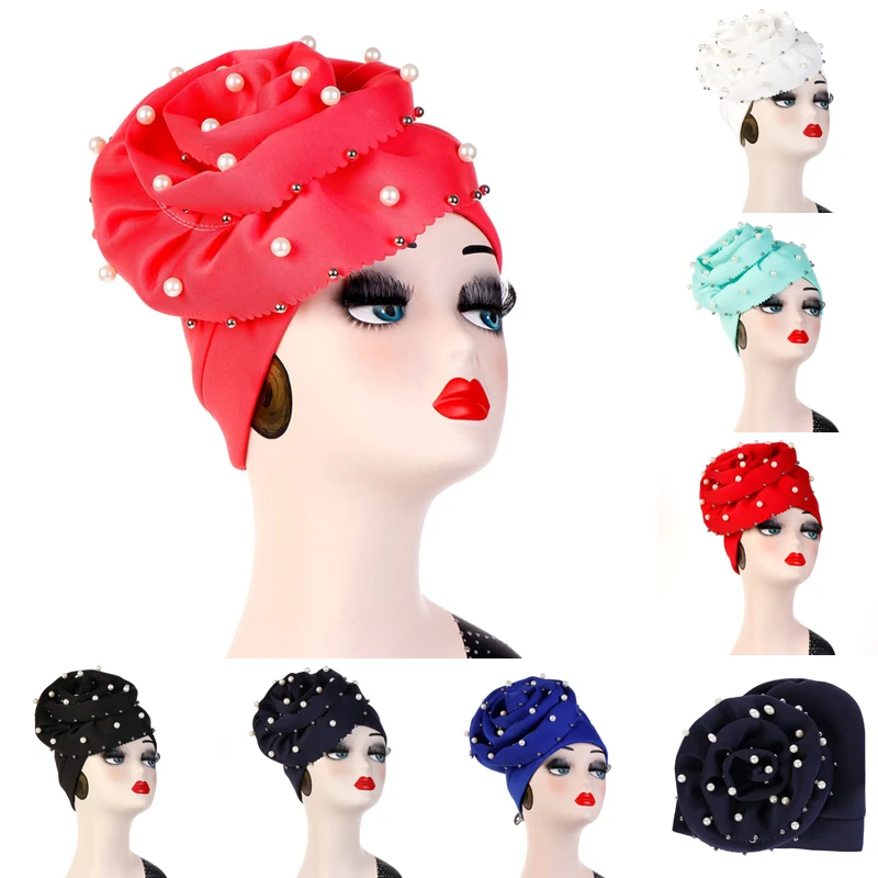 Женский тюрбан с большим узлом однотонная шапка искусственным жемчугом в