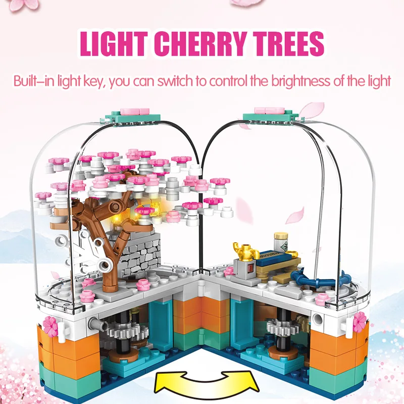 SEMBO Creative LED Light Rotating Box Building Blocks Friends City Street View Cherry Blossom House Tree Bricks Toys for Kids | Игрушки и