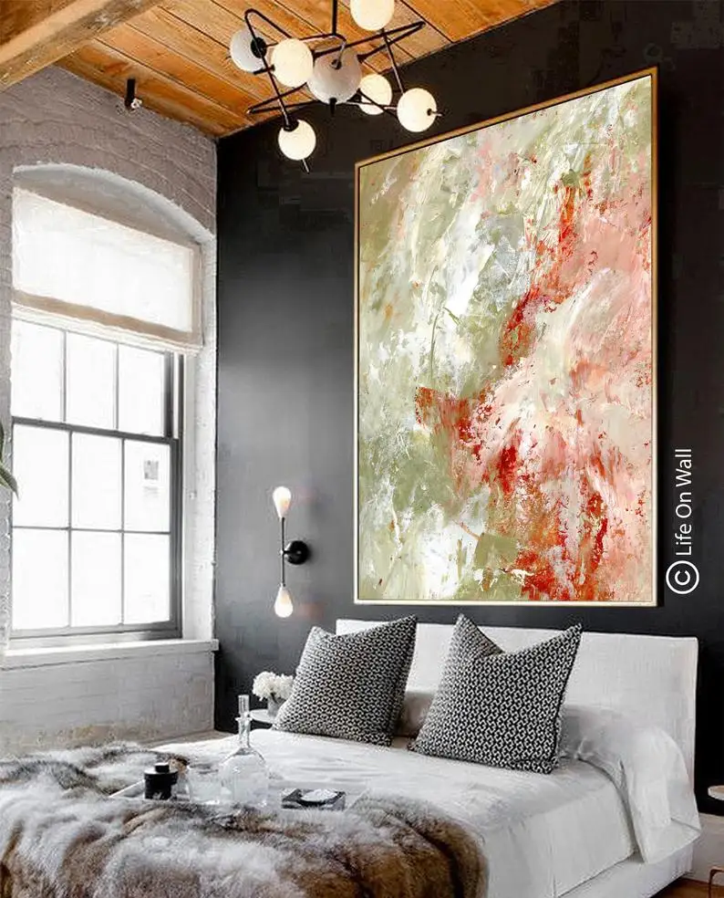 

Abstract painting original green white peach brown Original Abstract art on canvas Oversized abstract art original Neutral art