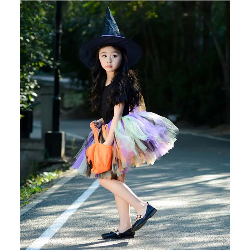 Платье-пачка для девочек на Хэллоуин косплей ведьма с шляпой тыквой реквизит